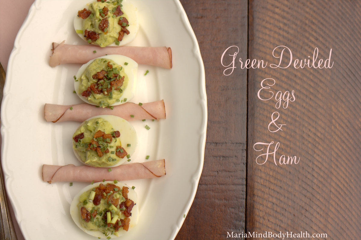 green deviled eggs and ham