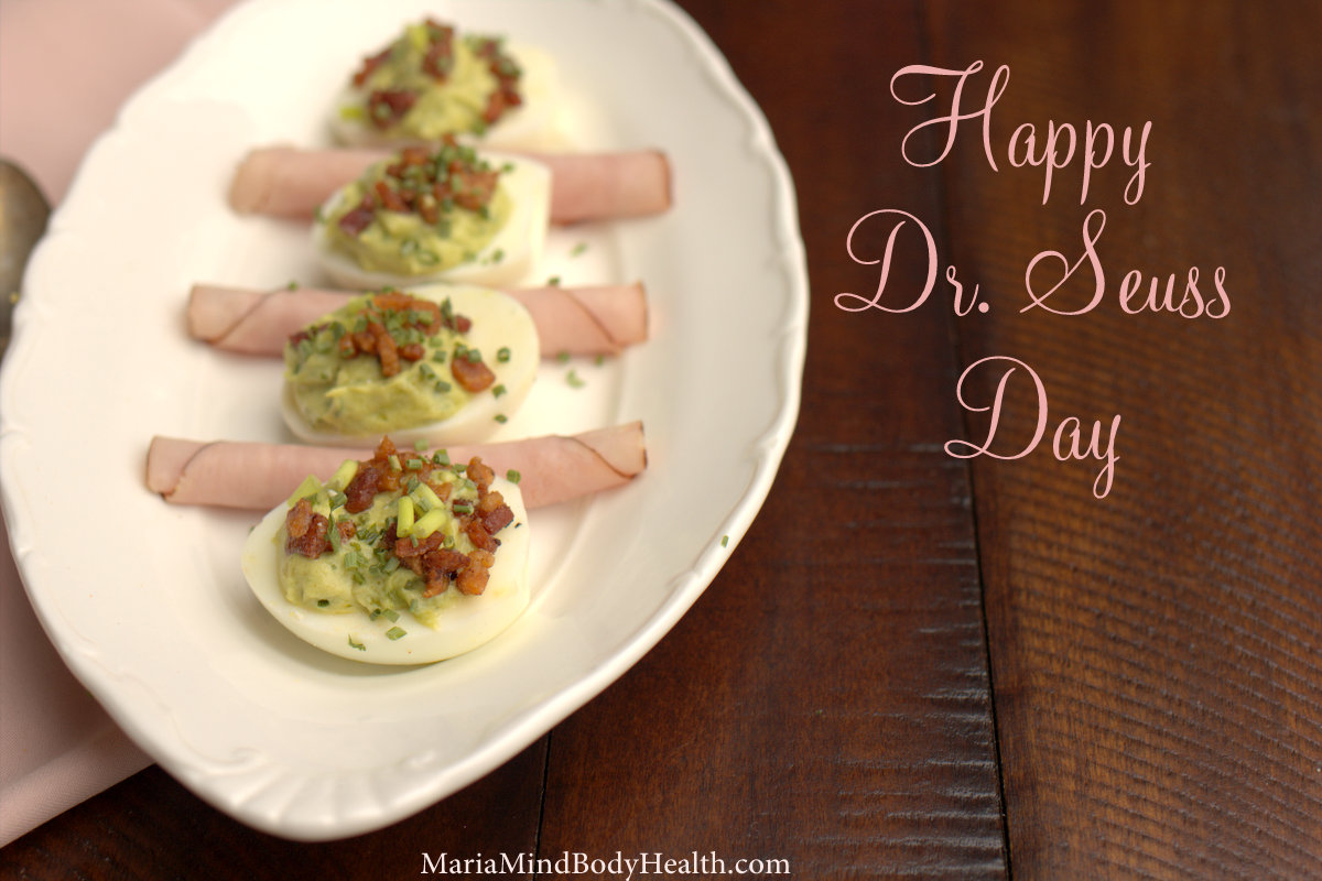 green deviled eggs and ham